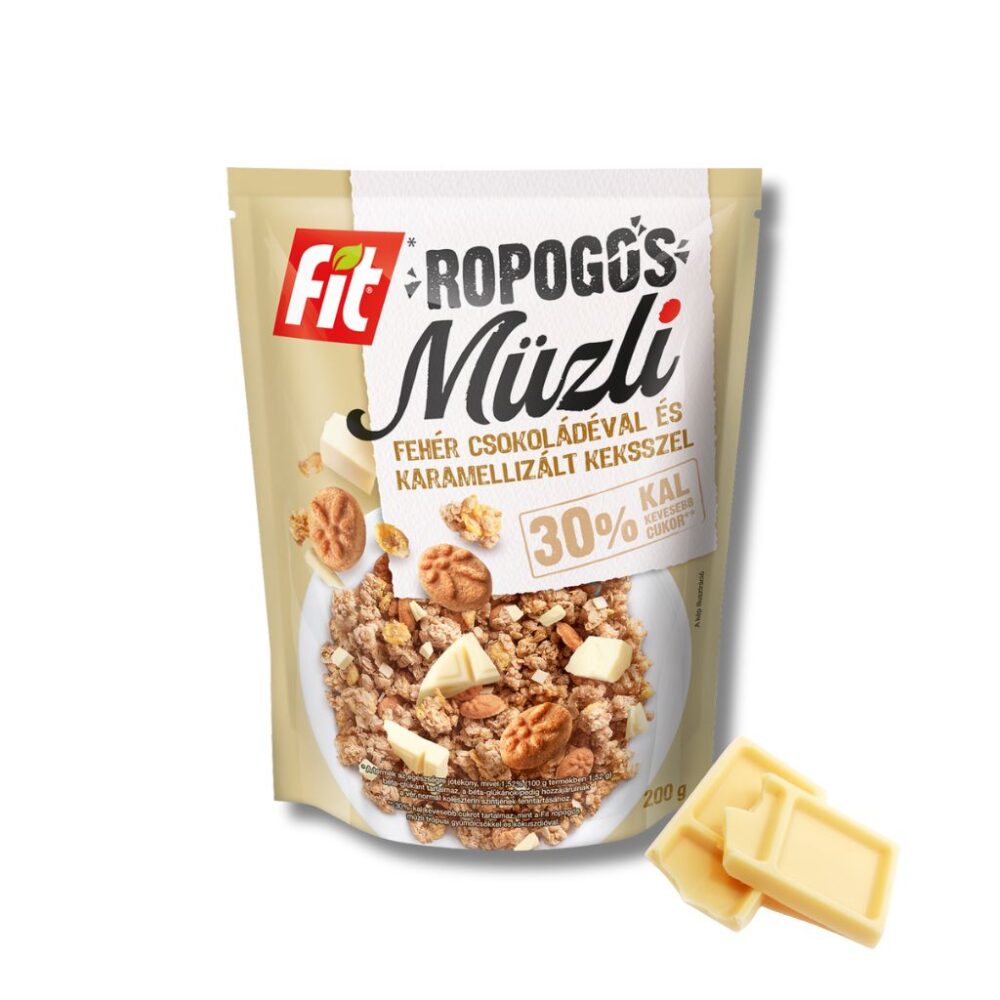 Ropogós müzli fehércsokoládéval és karamellizált keksszel